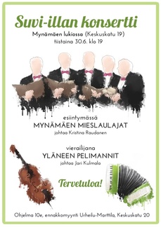 Tässä konsertissa tuuraamme Virmon pelimanneja, joita voi pitää naapuri- ja ystäväpelimanniorkesterina Mynämäestä. Mainoksen kuvitus Ilona Haavisto http://merrinella.wix.com/portfolio-of-art#!grid/capj